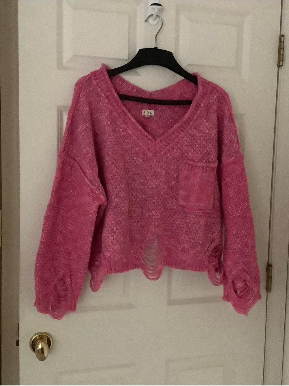 POL Fuchsia Distressed V-Neck Sweater
